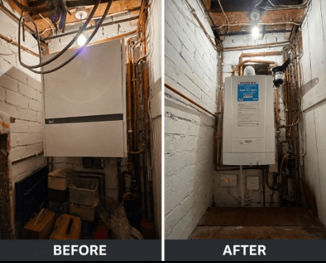 Before and after Ideal boiler replacement completed by Bay Plumbing and Heating in Torquay